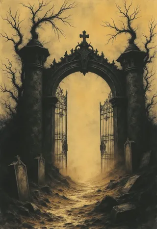 A gothic necropolis gateway with iron gates flanked by leafless trees and old tombstones, illuminated by the soft golden light of dawn.