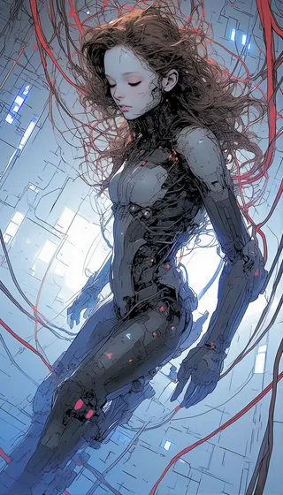 Digital artwork of a female cyborg with long brown hair floating in a futuristic cyberpunk environment, clad in a segmented robotic suit with red cables and neon blue lighting.