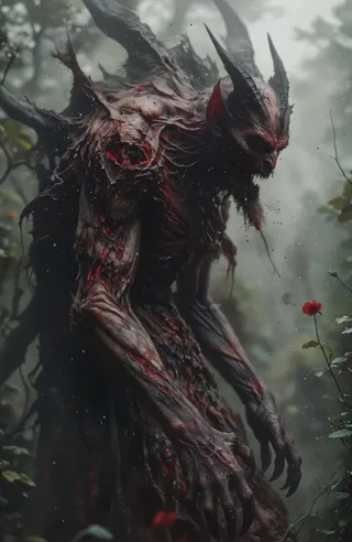A towering demonic creature with sharp horns and torn, decayed skin stands menacingly in a foggy, dark forest, surrounded by faint red flowers.