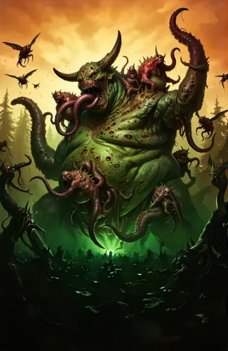 Grotesque Nurgle creature with green scaly skin, large horns, multiple red tentacles, and smaller monstrous beings on its body in a shadowy forest with an orange and yellow dawn sky.