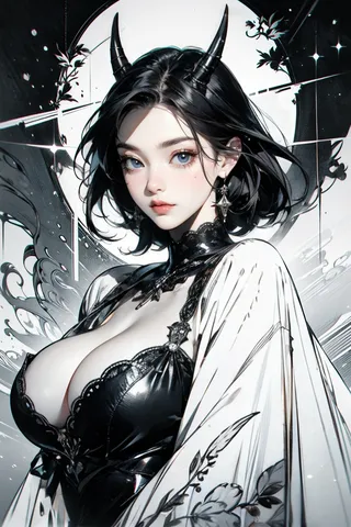Portrait of a demon girl with black horns, short black hair, striking blue eyes, wearing a black lace outfit and a white cloak with floral designs in monochrome style.