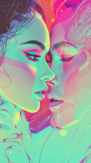 Colorful synthwave style portrait of a couple close together with vibrant neon hues and retro disco pop aesthetics.