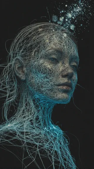 Portrait of a woman depicted with an intricate wireframe effect of glowing blue lines and particles against a dark background, exuding a futuristic sci-fi vibe.