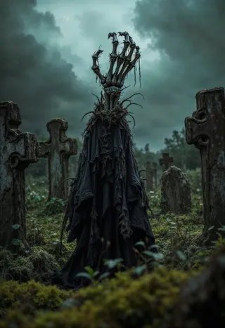 A skeletal hand bursting out of a moss-covered grave in an old graveyard, surrounded by weathered headstones and overgrown vegetation under an ominous dark sky.