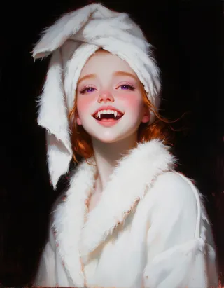 A delicate teen female vampire with red hair and purple eyes smiles revealing sharp fangs, wearing a fluffy white bathrobe and towel on her head against a black background.
