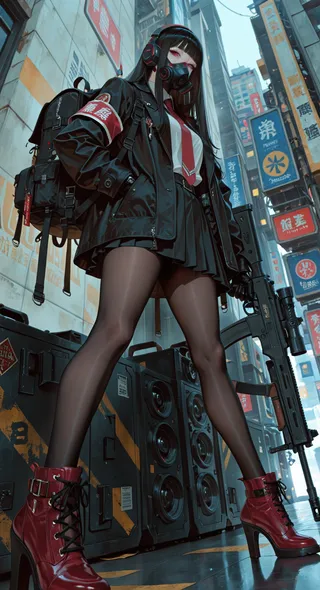 A cyberpunk girl wearing a black jacket, gas mask, and red high heels holds an assault rifle in an urban city backdrop with neon signs.