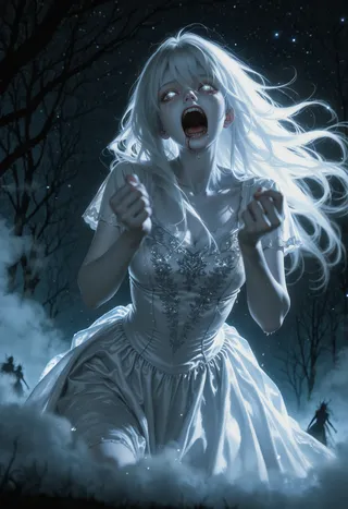 Ethereal banshee spirit girl with long white hair, bloodshot eyes and a flowing white dress, screaming in a dark, foggy forest under a starry night sky.