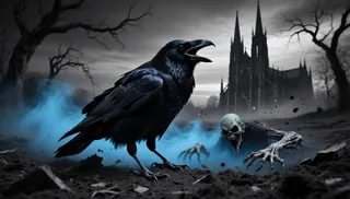 Black and white dramatic scene of a raven with open beak in foreground and a Nosferatu undead creature emerging from earth with blue mist, gothic cathedral in background.