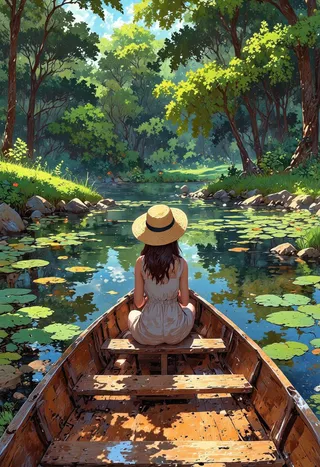 A woman wearing a straw hat and white linen dress sits in a brown wooden canoe on a tranquil waterlily-covered lake surrounded by a lush, sunlit forest.
