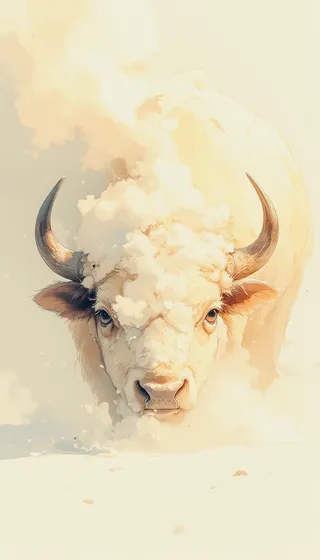 A watercolor-style illustration of a bison emerging through thick mist and fog in a snowy landscape, rendered in soft pastel and warm tones.
