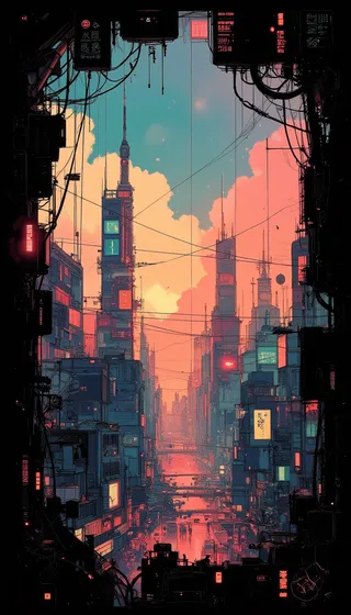 A vibrant cyberpunk cityscape at sunset, featuring towering skyscrapers with neon lights, intricate wiring, and a pastel-colored sky blending orange, blue, and pink hues, framed by dark silhouettes of buildings.