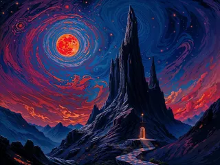 A cosmic landscape featuring a towering dark mountain with a glowing doorway, under a swirling starry sky with a large red moon.