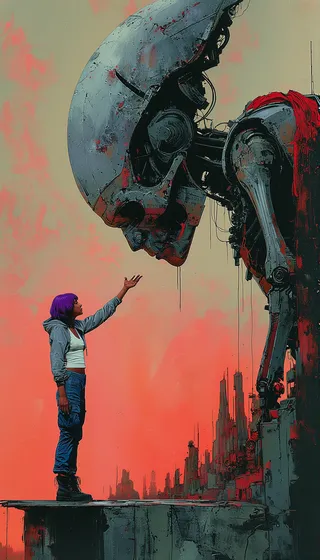 A young woman with purple hair reaching out to a large decaying mechanical figure in a post-apocalyptic cityscape under a fiery red sky.