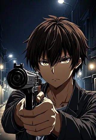 Anime boy Seiya Kanie with black hair and brown eyes aiming a gun directly at the viewer on a dimly lit nighttime street.