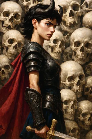 Portrait of a horned female warrior with cobalt-blue eyes, blackened steel armor, and a red cloak standing before a wall of human skulls, holding a gold-hilt sword.