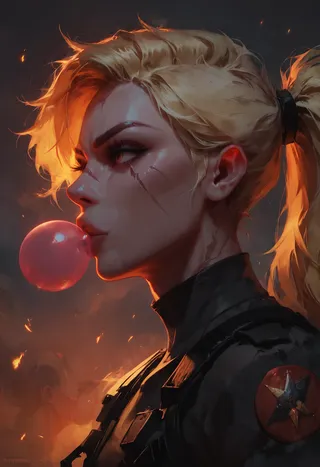 Side view of a special forces soldier with a blonde ponytail blowing pink bubblegum, wearing a black tactical uniform with scars on her face, against a foggy, red glowing ember background.