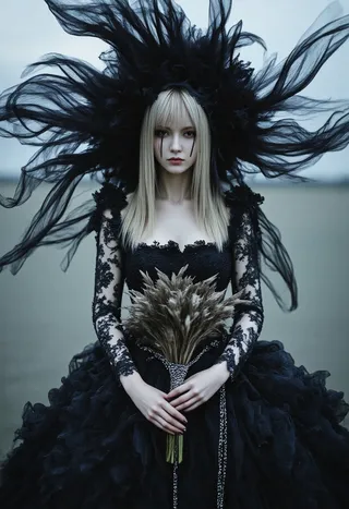 Dramatic fashion portrait of a pale bride wearing a black lace gown and a flowing tattered veil shaped like wings, holding a dried lilies bouquet wrapped in chains under an overcast sky.
