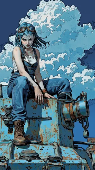 Digital illustration of a blue-haired woman sitting on a rusted metal tank, wearing denim overalls and goggles, set against a sky filled with fluffy clouds.