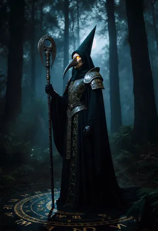 A female wizard dressed in dark, ornate armor and a pointed hood stands in a moonlit magical forest, holding a staff with a large, curved blade, surrounded by glowing runes on the forest floor.