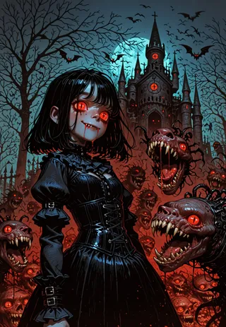 A vampire girl with glowing red eyes and black gothic dress stands in front of a gothic castle under a blood moon, surrounded by bats and demonic creatures.