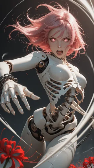A photorealistic robotic skeleton female figure with pink hair flowing dramatically, glowing eyes, and an open mouth, surrounded by red spider lily flowers.