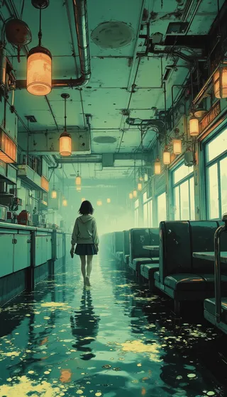 A female wanderer with short hair walks barefoot through knee-deep water in a flooded, abandoned art deco diner illuminated by bioluminescent algae and hanging lights.