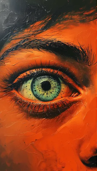 Close-up abstract painting of an eye with intense orange-red tones, textured brushstrokes, green star-like pupil, and thick eyelashes.