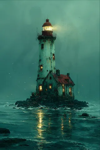 A weathered lighthouse stands on rocky coastline under a stormy green sky, its lantern glowing, with faint fog revealing a giant Cthulhu silhouette.
