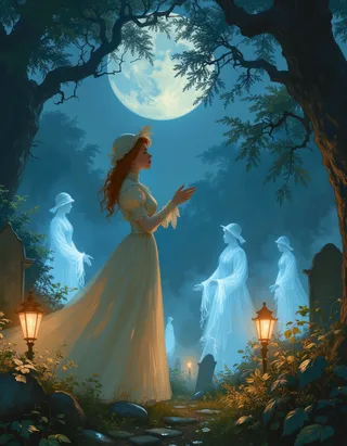 Victorian maiden in an ivory gown singing in a moonlit overgrown cemetery surrounded by glowing ghostly figures in Regency attire under a large full moon.