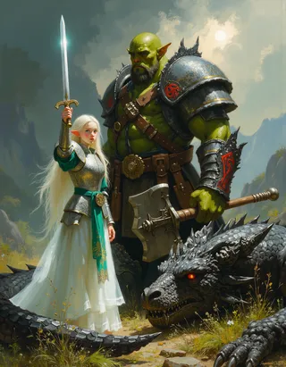 A digital oil painting of a small elf warrior in silver armor holding a glowing sword next to a large green orc warrior with a battle axe standing over a fallen dragon under a dramatic sky.