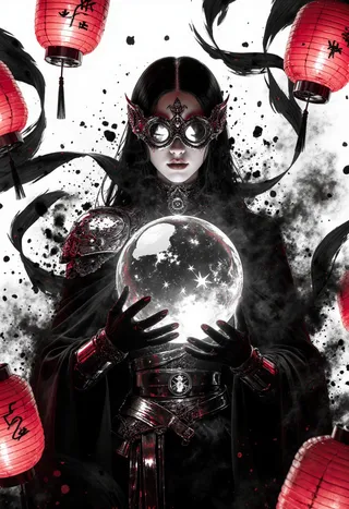 A gothic seer in dark metallic armor and intricate mask holds a glowing crystal orb surrounded by floating red lanterns and swirling black ink patterns.