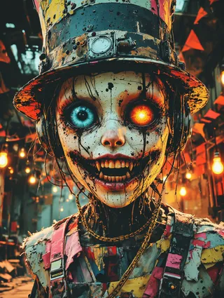 Close-up portrait of a grotesque animatronic puppet or undead clown with cracked porcelain-like skin, one blue mechanical eye and one glowing orange eye, wearing a rusty top hat and patchwork costume, set in a dimly lit carnival backdrop with warm string lights.