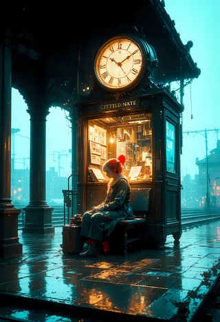 Victorian train platform scene in mist with a pallid clown sitting beside a vintage clock booth, glowing vending machine, and ghostly sheet figures nearby.