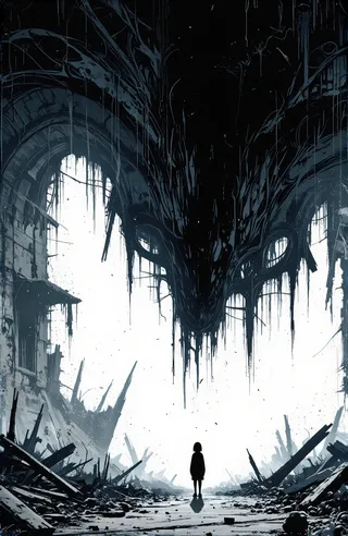 A silhouette of a small figure standing amidst ruins under a large, dark, dripping shadowy creature formation within a decayed and broken building.