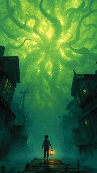 A lone figure holding a glowing lantern stands on a wooden dock facing the colossal, glowing green tentacles and the alien city of R'lyeh emerging from dark waters shrouded in mist.