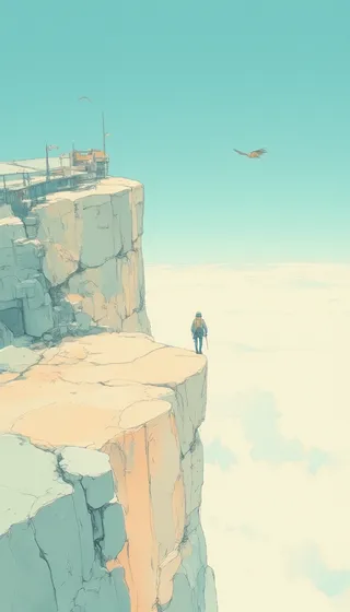 A soft pastel-colored watercolor illustration of a climber standing on the edge of a high cliff, with a clear blue sky and an eagle soaring in the background.