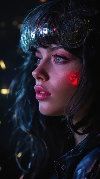 Close-up portrait of a woman with reflective glasses and neon light reflections, featuring a retro disco pop style with a dark background.