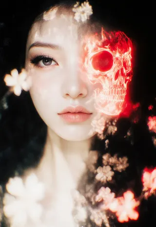 Highly detailed 8K ultra-realistic portrait of a woman’s face emerging from darkness with a glowing neon-red skull over her right eye, delicate rose-gold light accents, ethereal flowers, and cinematic chiaroscuro lighting.