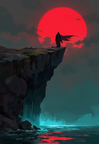 A cloaked figure stands on the edge of a rugged cliff at twilight, with a massive vermilion sun glowing scarlet behind, overlooking a deep teal and black sea, illuminated by volumetric and rim lighting.