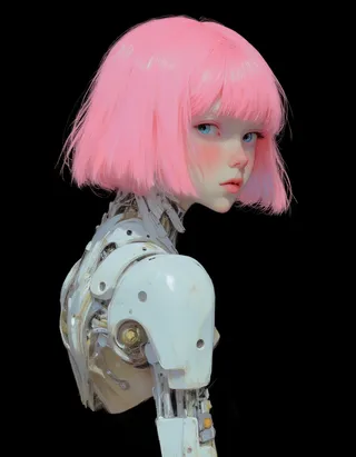 A digital painting of a young female cyborg with shoulder-length pink bob hair, mechanical white robotic arm and shoulder, silver-blue eyes, and ethereal white skin on a black background.