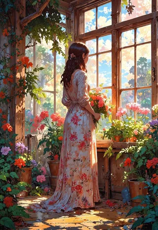 A beautiful woman with long wavy hair wearing a long floral dress stands in a sunlit gardener's greenhouse holding a bouquet of colorful spring flowers.