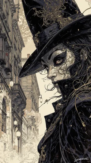 Gothic vintage dark fantasy illustration of a masked figure in a large ornate hat and dark coat on a lantern-lit street, rendered with strong cross-hatched ink lines.