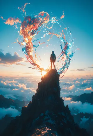 A climber stands on top of a rocky monolith surrounded by swirling fiery and watery splashes against a vivid sunset sky above a sea of clouds.