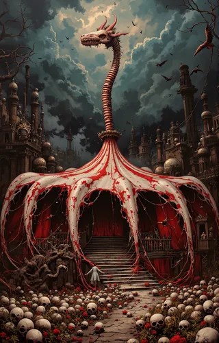 A dark fantasy scene of a demonic circus tent made of stretched human skin and blood, topped by a twisted spinal column with a skeletal dragon head, surrounded by skulls and gothic buildings under a stormy sky.