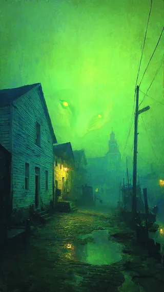 Foggy Innsmouth street at perpetual twilight with glowing mysterious eyes looming in the green-hued sky above old houses and cobblestone pathway.