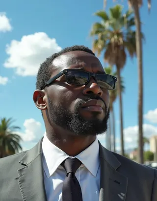 Close-up of an African American man wearing sunglasses and a grey suit with a tie, standing outdoors with palm trees and a blue sky behind him.