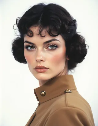 Portrait of a woman with black hair styled in side buns wearing a tan military suit with gold buttons against a white background.