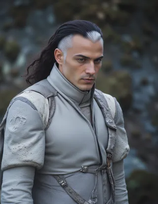 A serious man wearing a grey and white futuristic suit with a high collar, featuring black hair on one side and white hair on the other, in an 80s fantasy movie style.