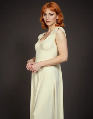 Portrait of a woman with orange pixie cut wearing a long cream-colored dress looking at the viewer against a dark background.