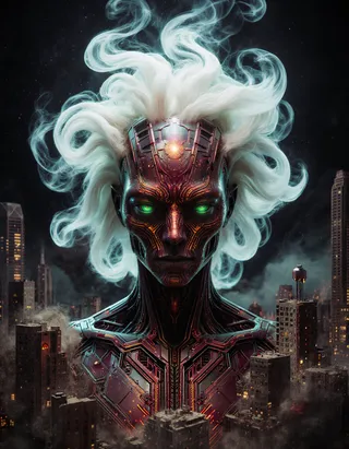 A bioluminescent alien deity with glowing green eyes and flowing white vapor-like hair stands amidst a ruined city, illuminated by intricate cybernetic circuitry and steampunk-style details.